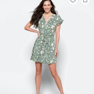 French Grey Sage Green Floral Tie-Waist Mini Dress